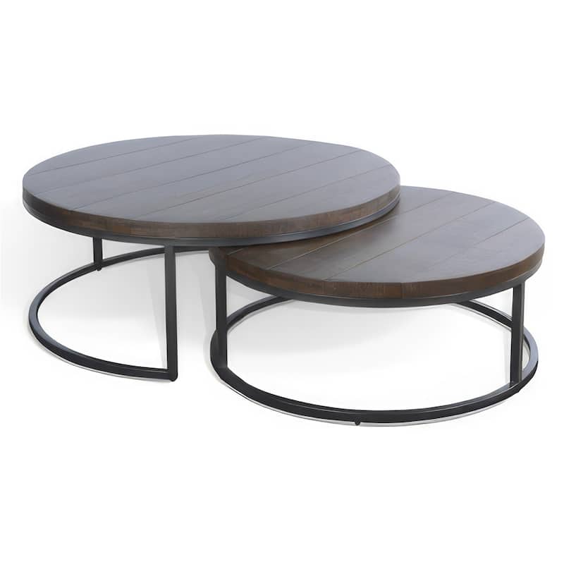 Rena 2 Piece Nesting Coffee Tables, Dark Brown Mahogany, Black Metal