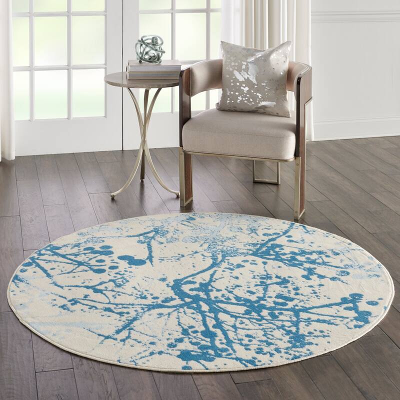 Nourison Jubilant Modern Botanical Abstract Grey Area Rug - 5'3" Round - Ivory/Blue - Rectangle