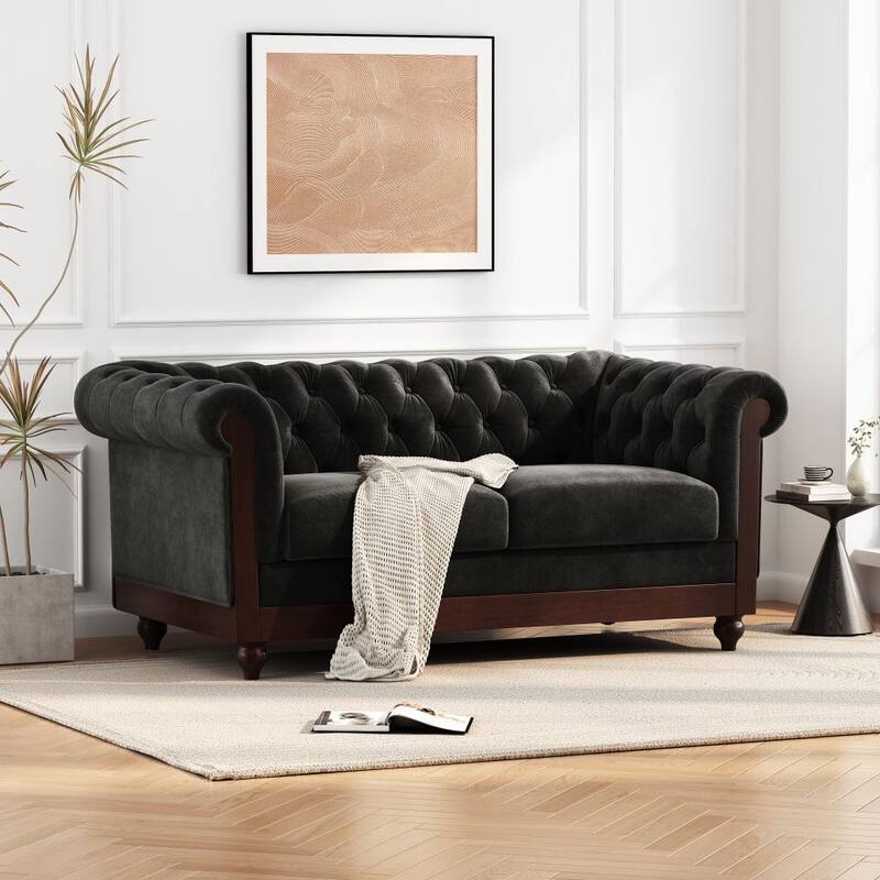 2-Person Rolled Arm Dutch Plush Upholstered Sofa Couch with Tufted Button - Black