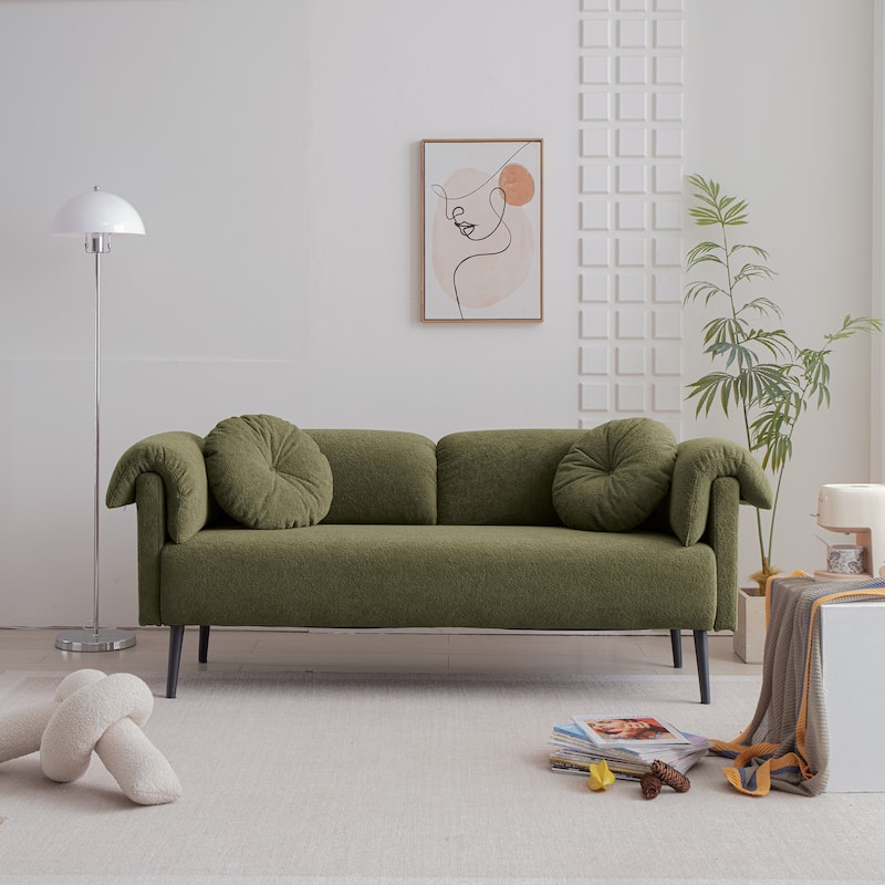 Modern Loveseat Sofa, Lounge Couch with Cushion Armrest and 2 Round Pillows, Upholstered Love Seat Sofa for Living Room