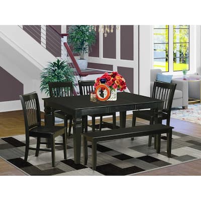 HomeStock 6-Piece Rectangle Black Finish Solid Wood Top dining Table with 1 Bench and 4 Chairs with Lattice Back