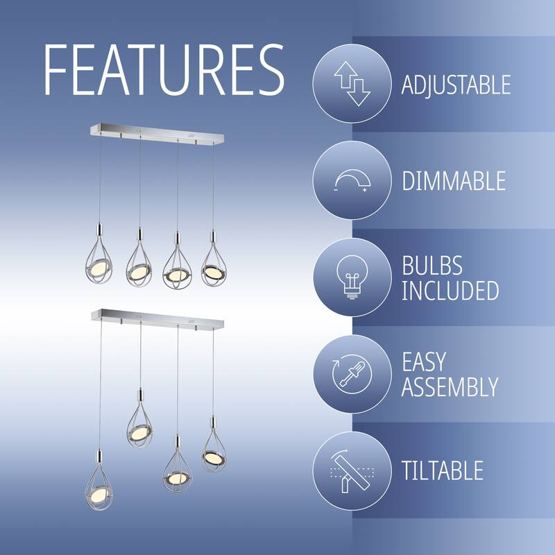 Alain 29" Adjustable Modern Integrated 4-Light Linear LED Metal Pendant, Chrome by JONATHAN Y