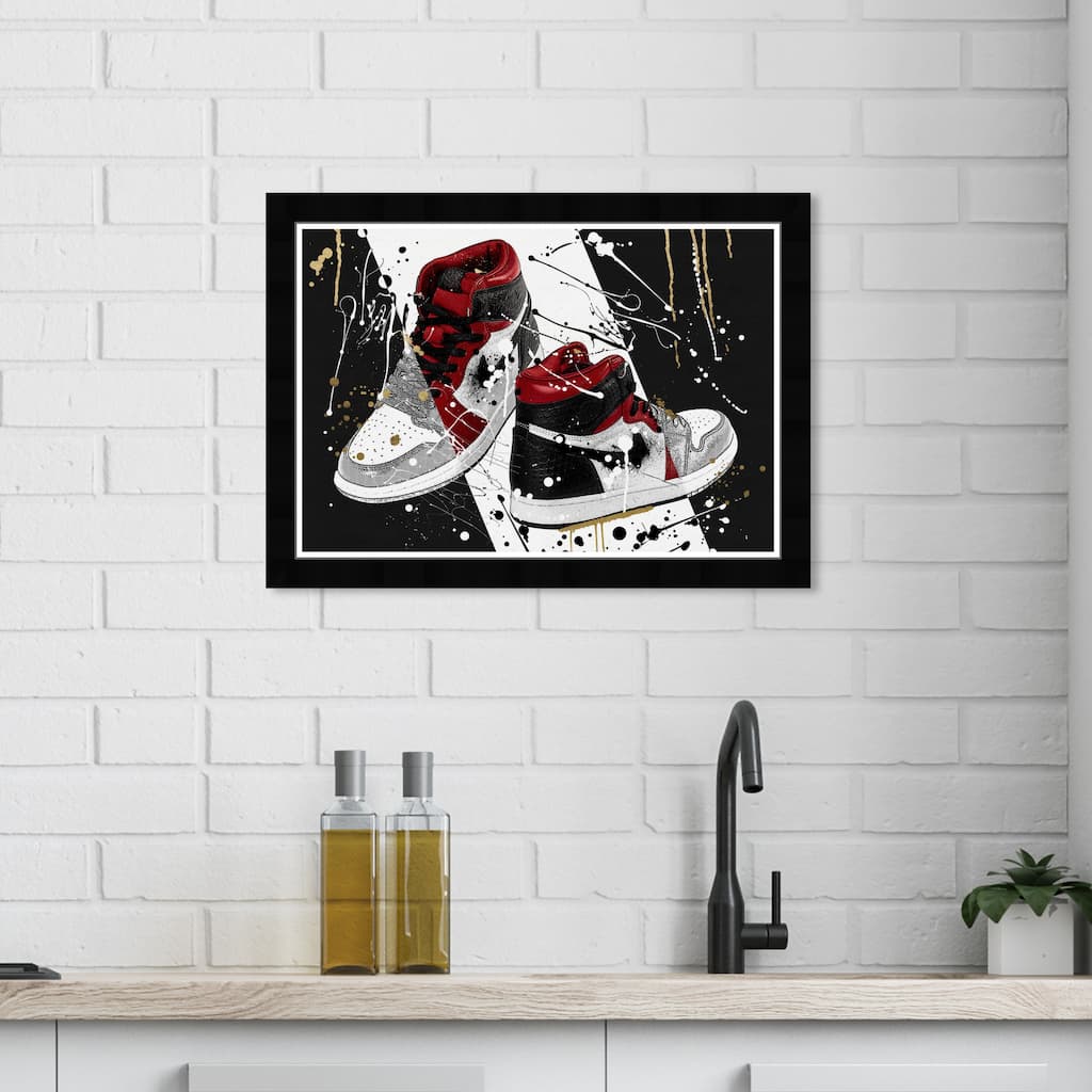 Wynwood Studio Prints Fashion and Glam Paint Dripped Sneakers Black and Dark Red Modern & Contemporary Wall Art Canvas Print