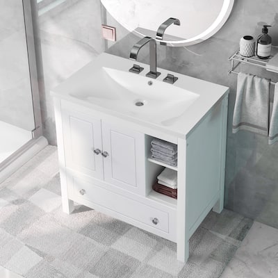 White 30" Bathroom Vanity Storage Cabinet with Ceramic Sink & Drawers