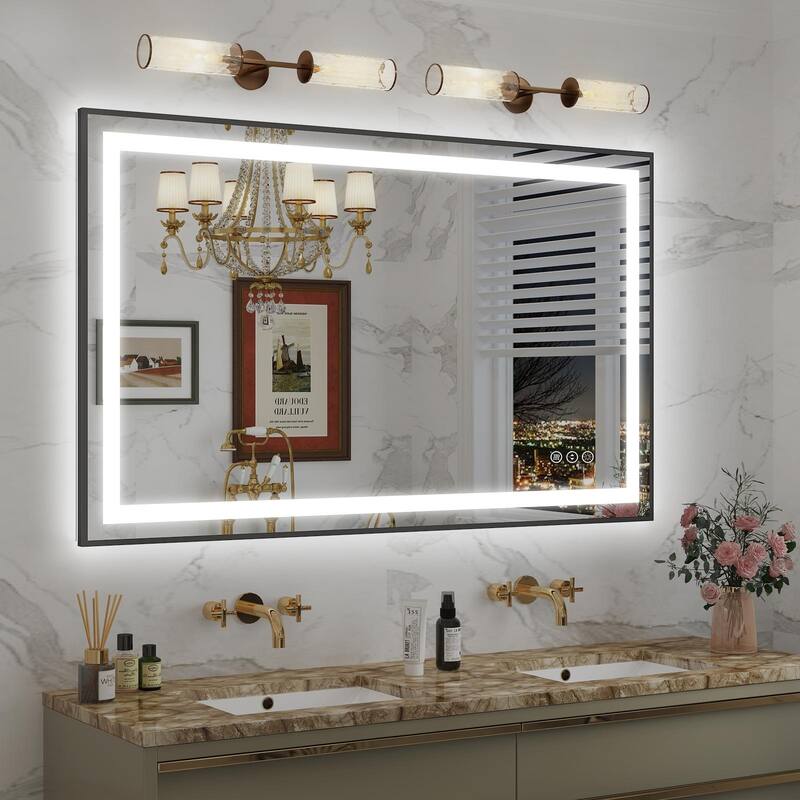 KIOTEE Black Metal Frame Front & Back LED Lighted Anti-Fog Tempered Glass Bathroom Vanity Mirror with ETL and 3 Years Warranty - 48x32