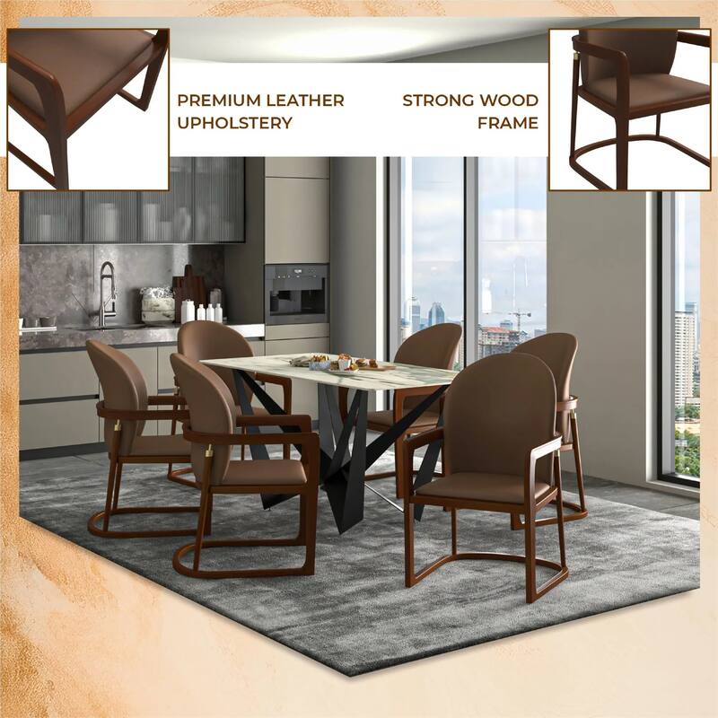 Svelta Leather Dining Chair with Rubberwood Legs Curved Back Accent Arm Chair for Kitchen and Dining Room Set of 2