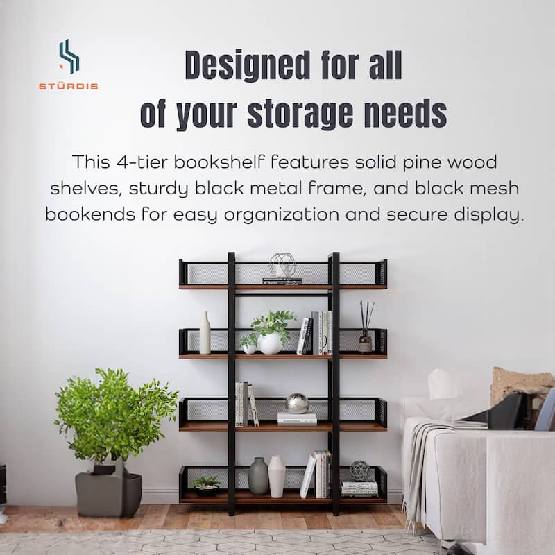 Sturdis 4 Tier Solid Wood Metal Industrial Bookshelf with Mesh Barriers, Black - 60