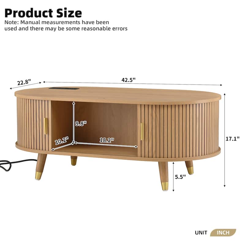 42.5"W Wooden Oval Fluted Coffee Table with Charging Station, Mid-Century Center Table with Sliding Tambour Door