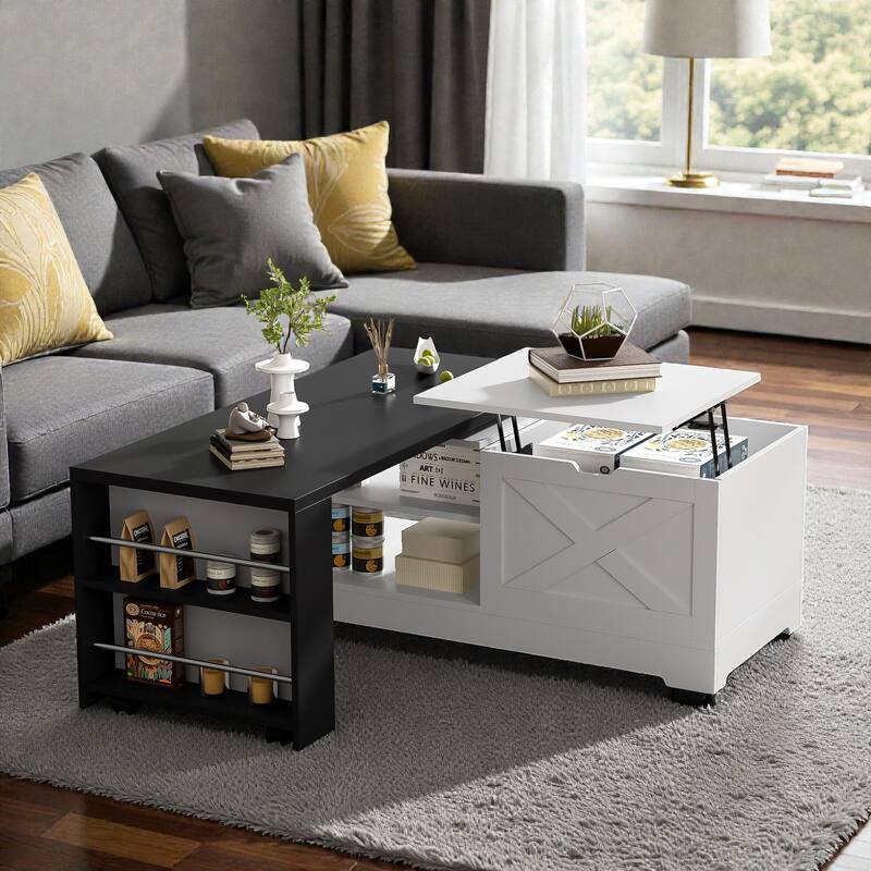 Farmhouse Lift Top Coffee Table with Barn Doors, Rotating Wood Center Table with Hidden Storage and Open Shelves - White Black