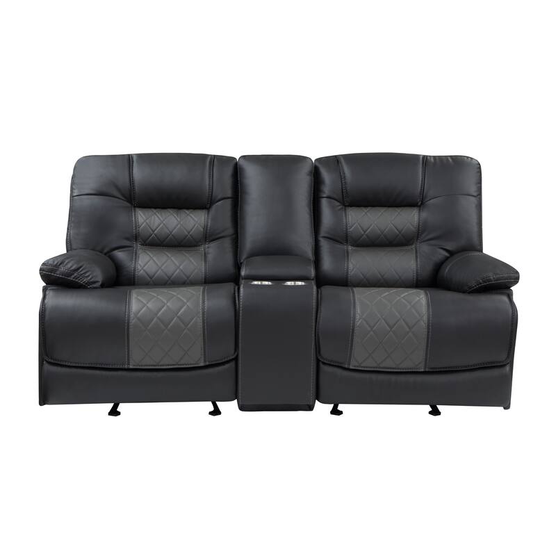 Liam 77 Inch Manual Recliner Loveseat, Cupholder Console, Gray Faux Leather