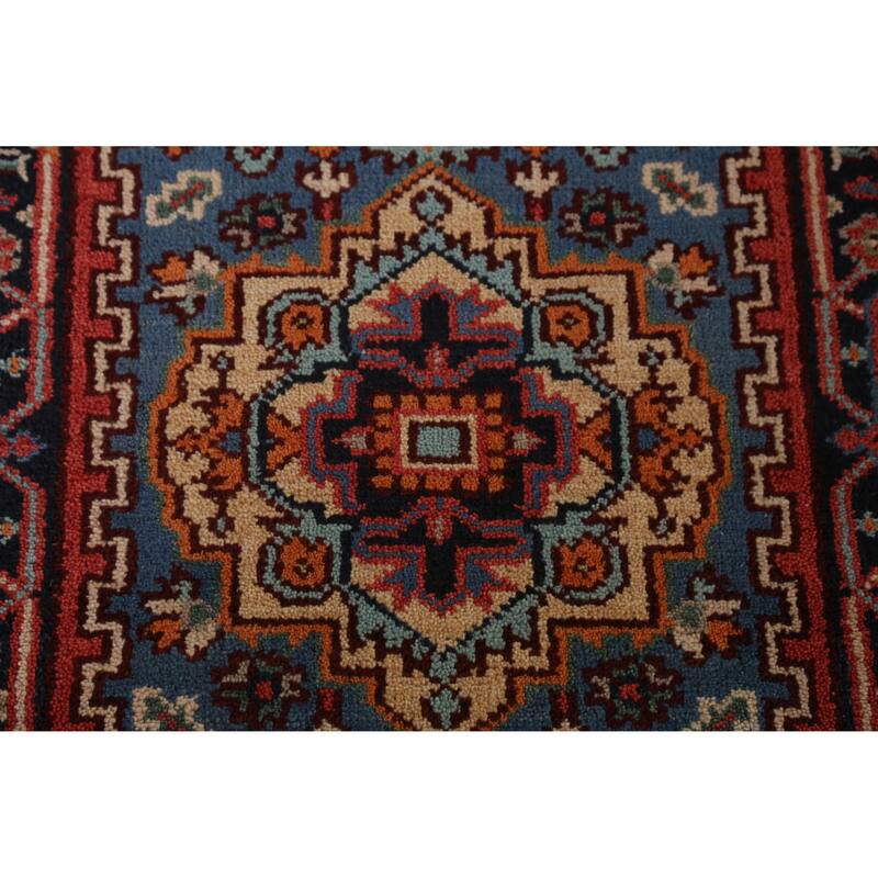 Hand Knotted Oriental 100% Wool Carpet Traditional Geometric Navy Blue & Blues Heriz (serapi) Runner Rug - 7' 10'' X 2' 7''