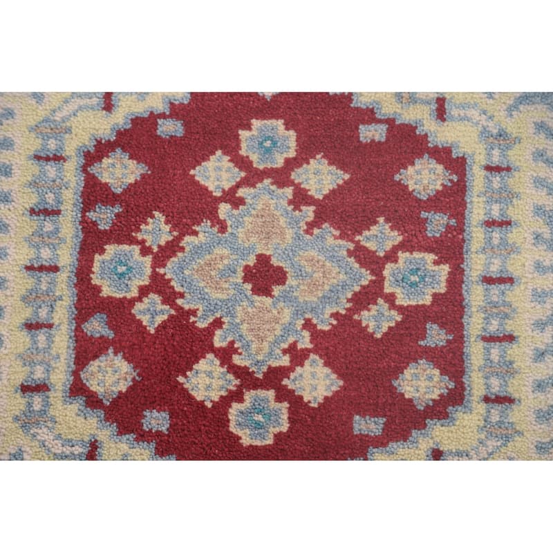 Geometric Kazak Accent Rug Handmade Blue Wool Carpet - 3'0"x 4'11"