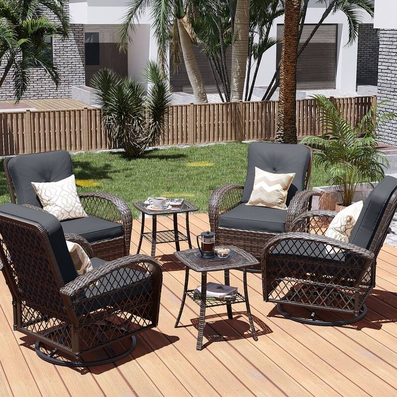 Patio Watcher 6-Piece Brown Wicker 360-Degree Patio Conversation Outdoor Rocking Chair Set with Cushions - Grey