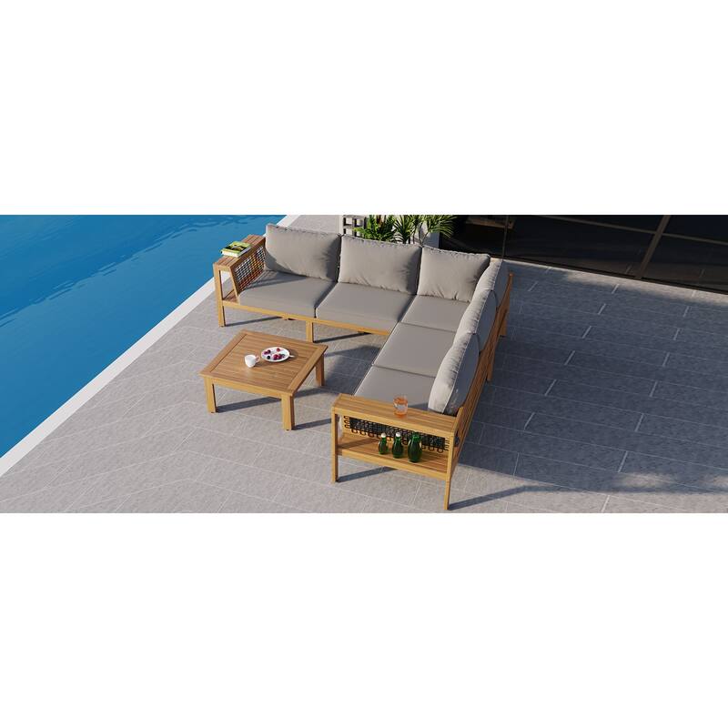 Roomfitters 4-Piece Outdoor Sectional Sofa Set with Coffee Table and Built-in Side Shelves, Wood Frame