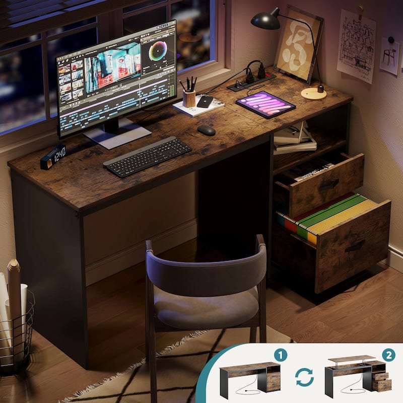 Computer Desk Lift Top Desk with Outlet and Drawers File Cabinet