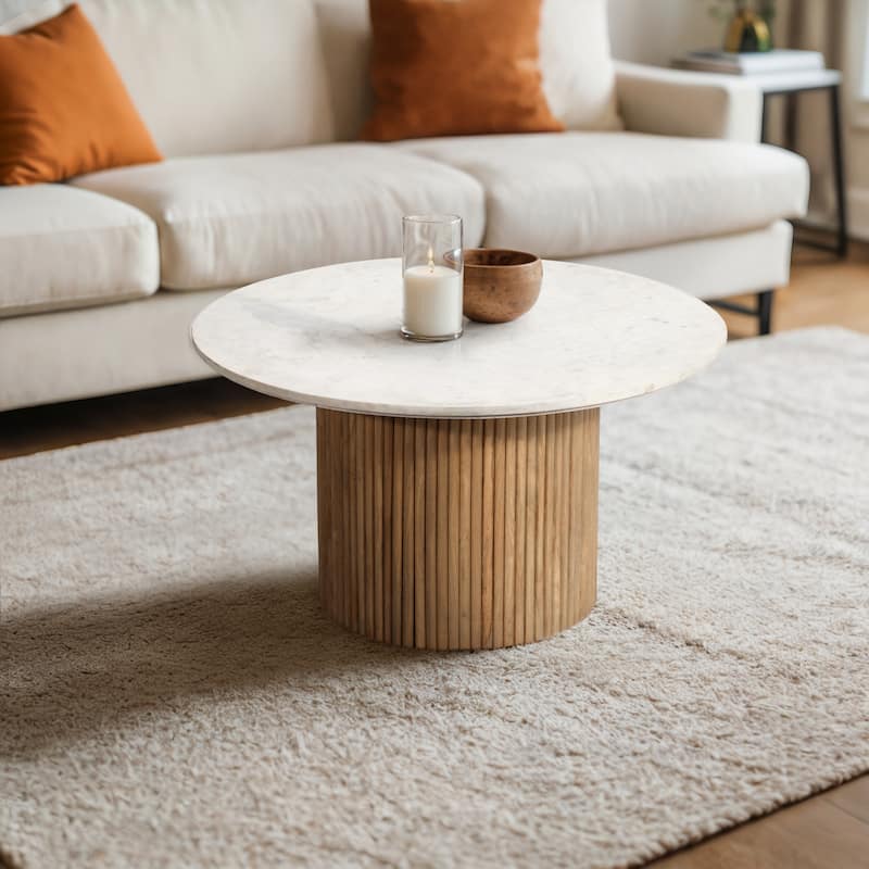 Sagebrook Home Mango Wood & Marble Accent Table with Reeded Base, MDF Support, and Contemporary Cylinder Design