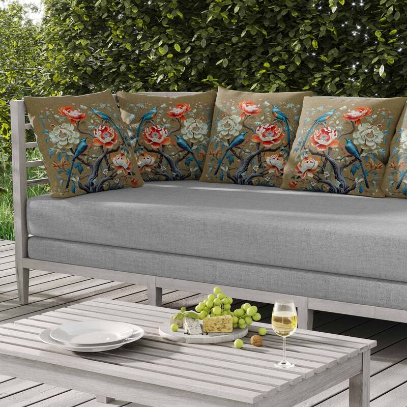 Botanical Bird Ensemble Indoor/Outdoor Reversible Throw Pillow Blue and Orange