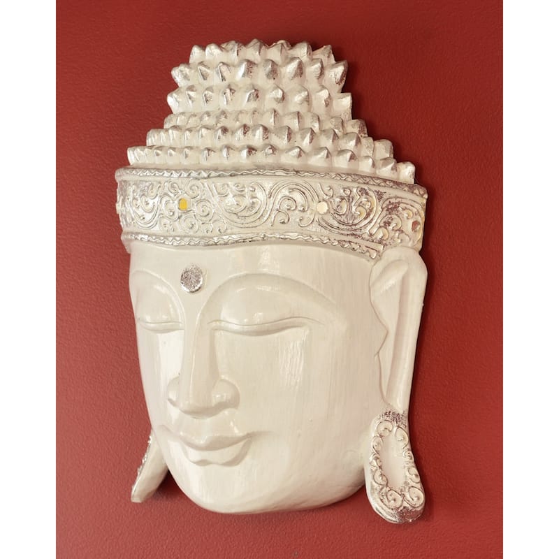 12" Wooden Wall Mask Serene White Buddha Head Statue Hand Carved Sculpture Handmade Figurine Gift Home Décor