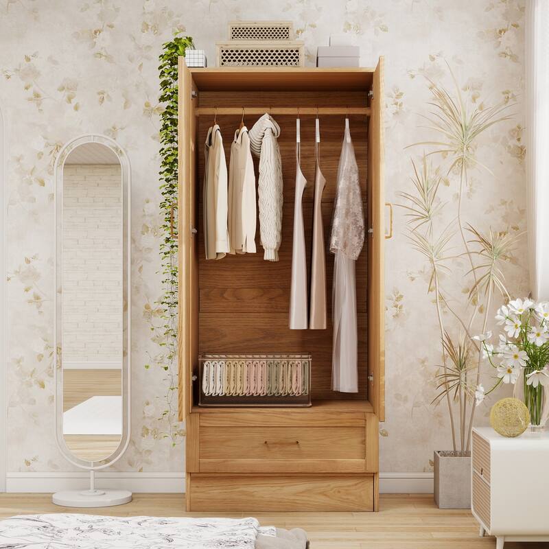 100% Solid Wood Armoire Wardrobe Closet with 2 Door, 70.87"H Bedroom Armoire Closet with Drawer and Hanging Rod, Wood Finish