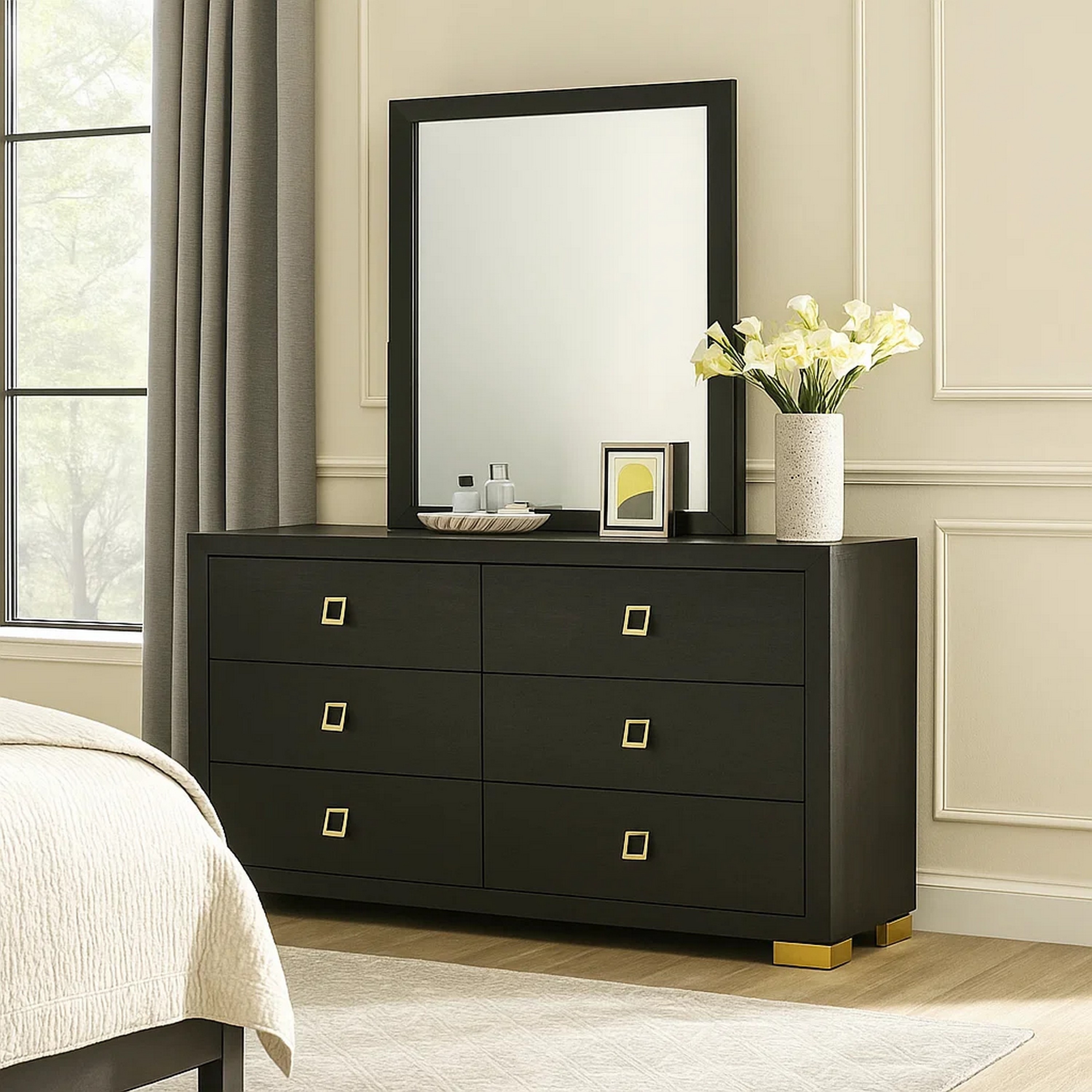 black and gold modern dresser Lati Wide | 6 Drawers black and gold painted furniture