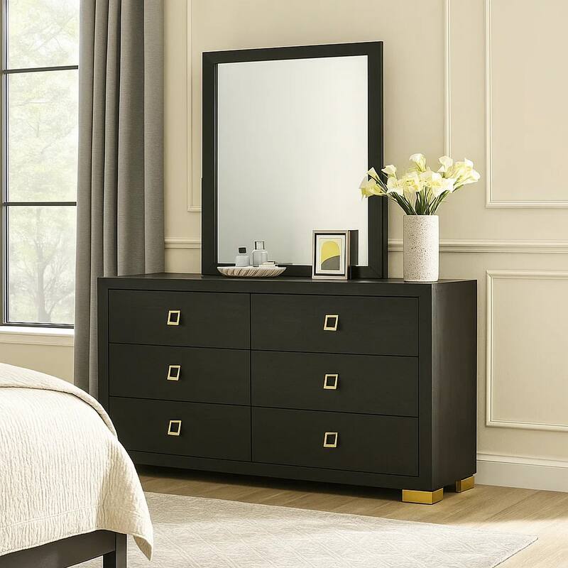 Lati Wide Dresser, 6 Drawers, Modern Black Wood, Gold Metal