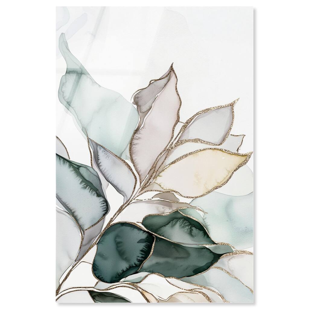 Pastel Leaves with Gold I Acrylic by Art Remedy, Ready to Hang