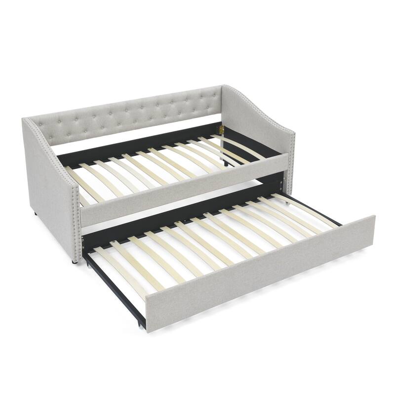 Roomfitters Twin/Full Upholstered Daybed with Twin Trundle, Tufted Backrest and Nailhead Trim, Elegant Waved Arms