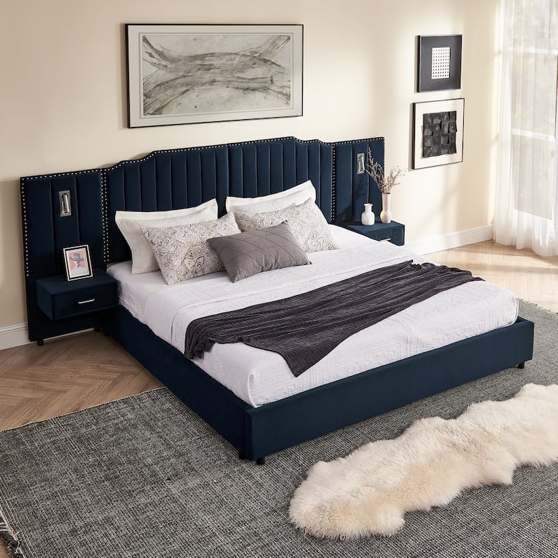 Upholstered Bed, Vertical Stripe Buttons Design Wingback Bed Frame, Velvet Fabric Platform Bed with Bedside Table