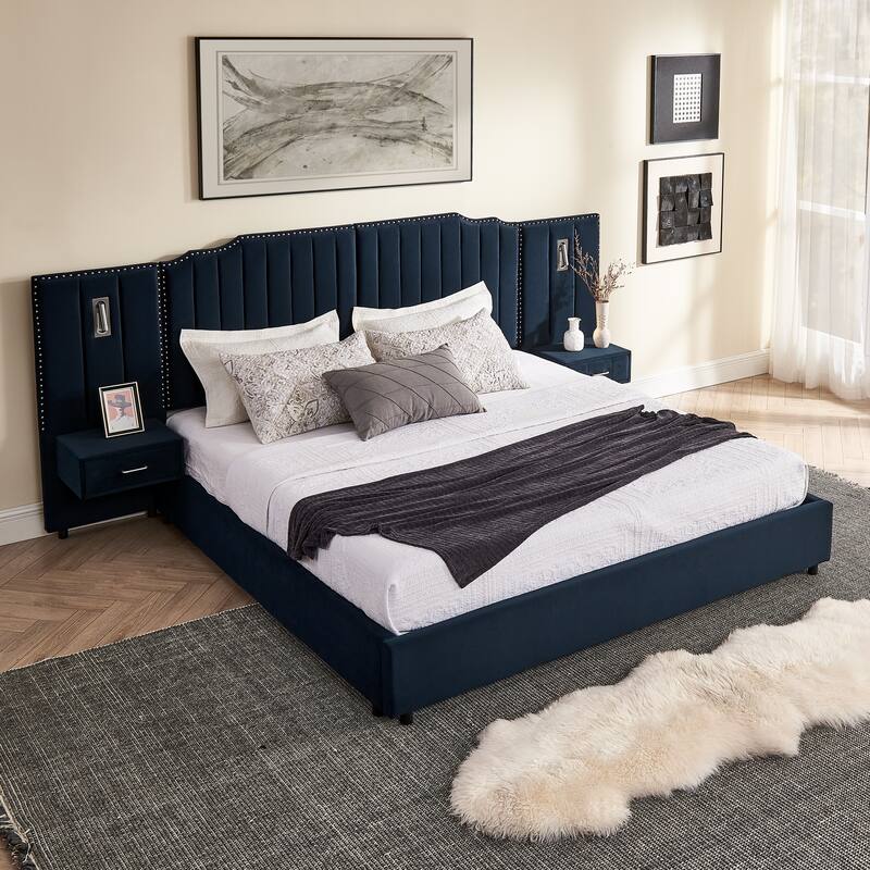 King Size Upholstered Bed Frame with Velvet Fabric, Vertical Stripe Design with Buttons Around King Size Platform Bed