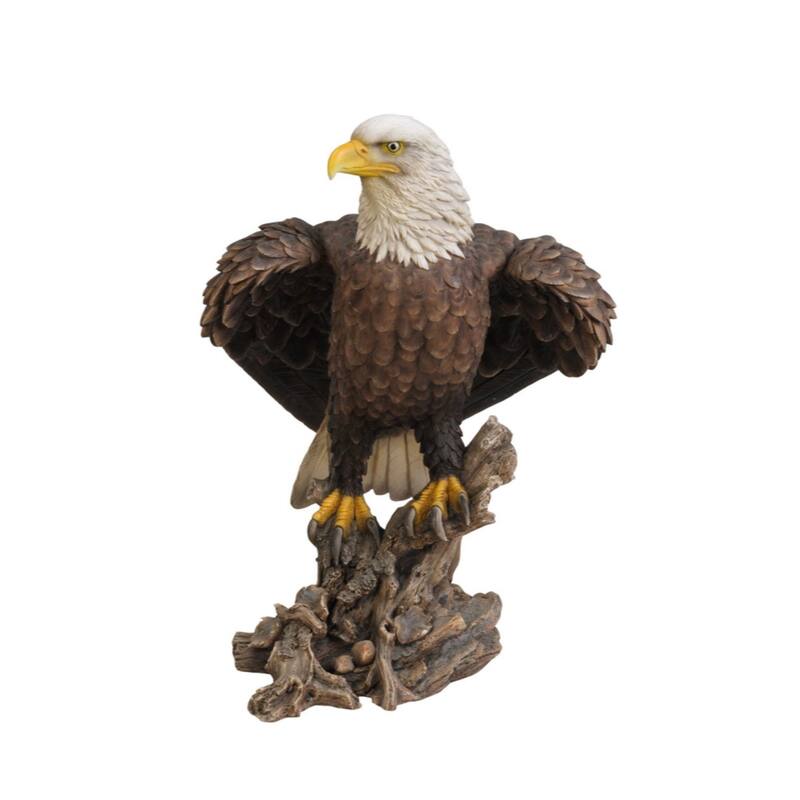 17.5" Brown Contemporary Bald Eagle on Stump with Wings Out Statue