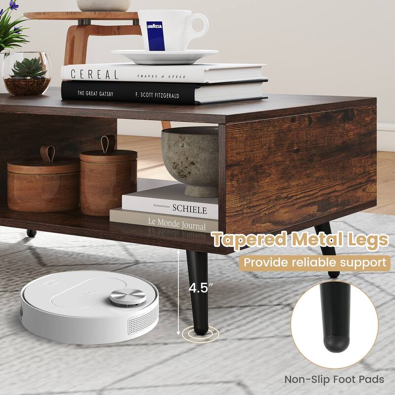 Gymax 2-Tier Coffee Table w/ Compartments & Metal Legs Rectangle Tea