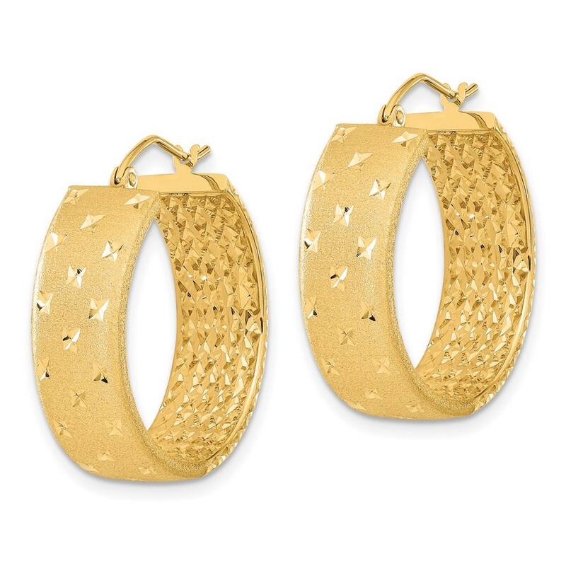 Curata 14k Yellow Gold Satin and Diamond Cut In Out Wide Hoop Earrings 26x8mm