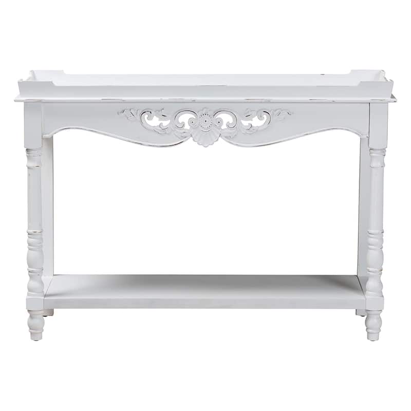 Rafferty Distressed Console Table - Vintage White Accent Table with Ornate Carved Apron and Shelf, Classic Entryway Table