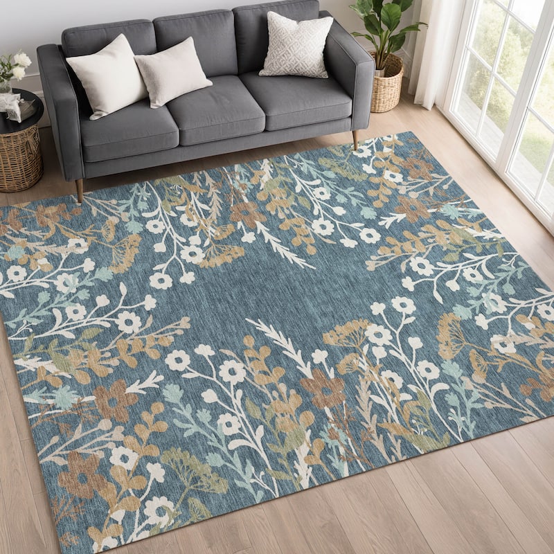Machine Washable Indoor/ Outdoor Floral Border Chantille Rug