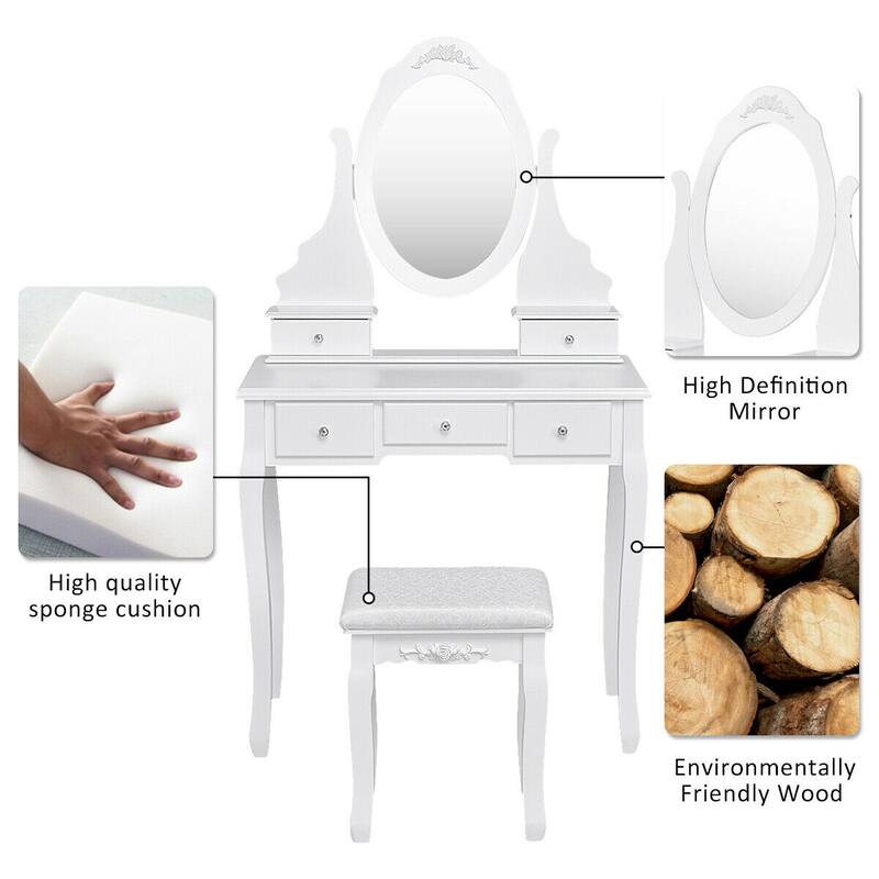 Gymax Bedroom Wooden Mirrored Makeup Vanity Set Stool Table Set White
