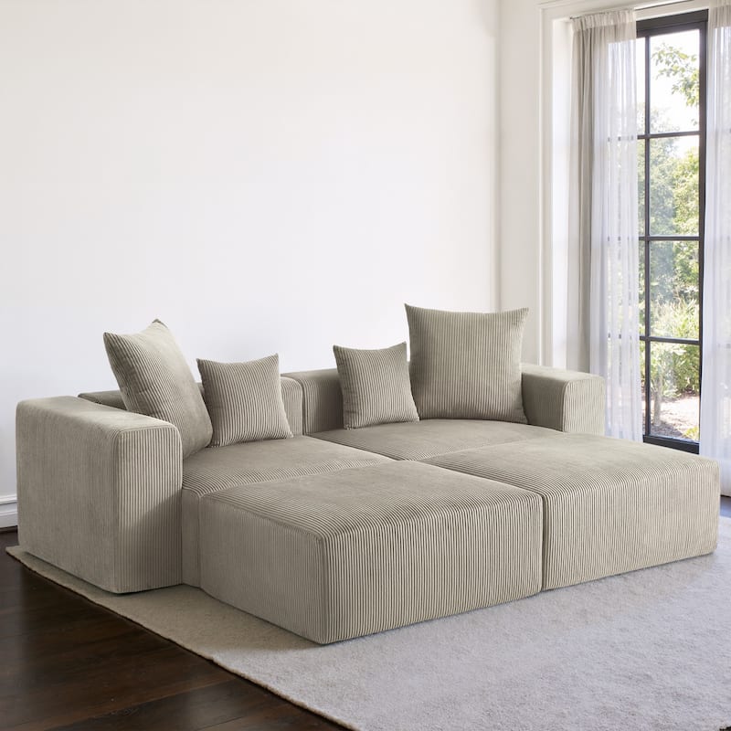 4-Piece Modern Corduroy Modular Sectional Sofa Set with 4 Throw Pillows