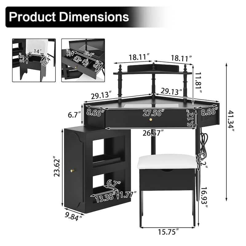 Modern Corner Makeup Vanity Desk with Stool, Charging Ports, Glass Tabletop, Removable Side Cabinet, Drawer & Storage Shelves