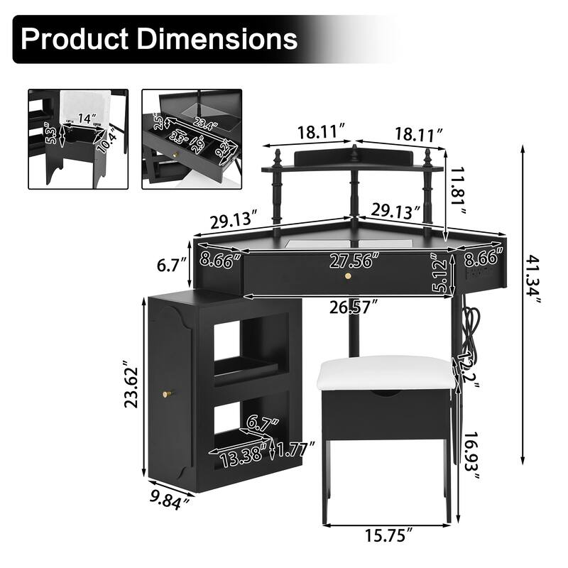 Roomfitters Corner Vanity Desk Set with Stool, Charging Station, Glass Top, Drawer, Shelf, Pull-Out Cabinet