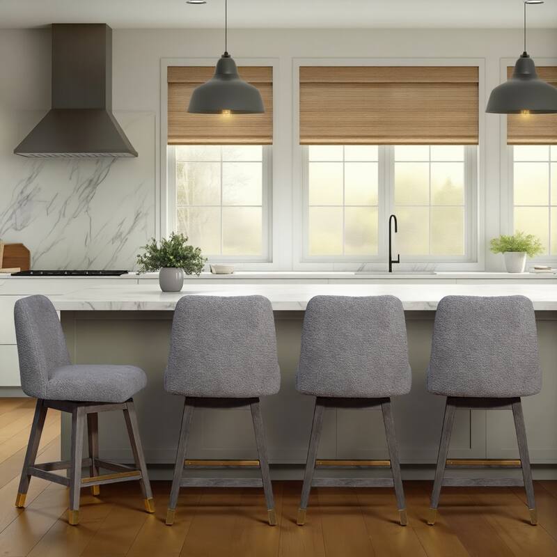 Amalie Upholstered Bar Stool, Swivel Counter Chair with Solid Wood Frame - Set of 4 - Grey Boucle - Counter Height