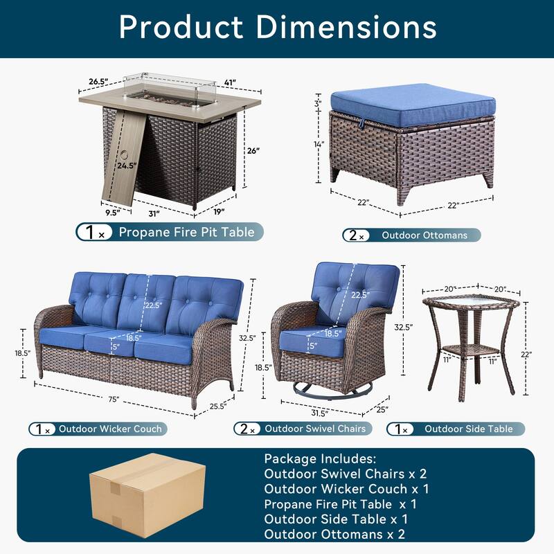 7 Pieces Outdoor Sofa Chair Ottoman with 41" Fire Table