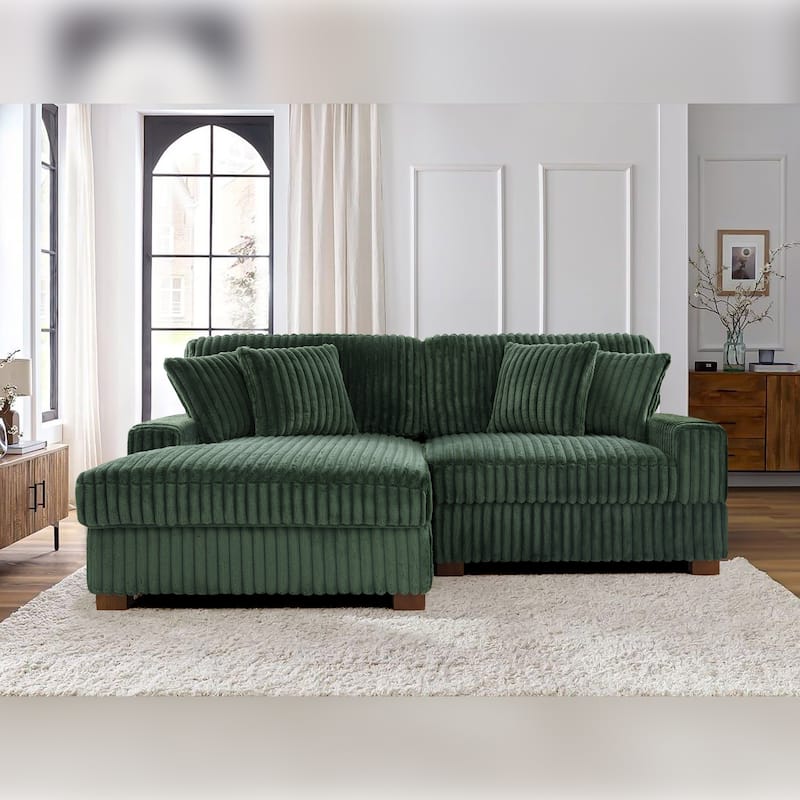 Anne 82" W Comfy Upholstered Plush Corduroy Modular Sectional Sofa - Green - Left Facing