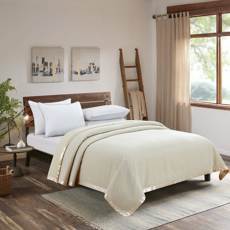 100% Merino Wool Blanket with Satin Border - Full/Queen - Ivory