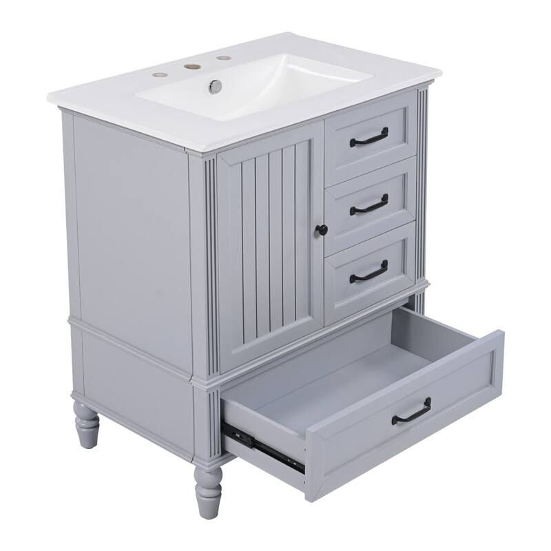 30" Bathroom Vanity wCeramic Sink, Cushioning Door & Drawers, Solid Wood Legs & MDF Board, Adiustable Foot Pads Bathroom Cabinet