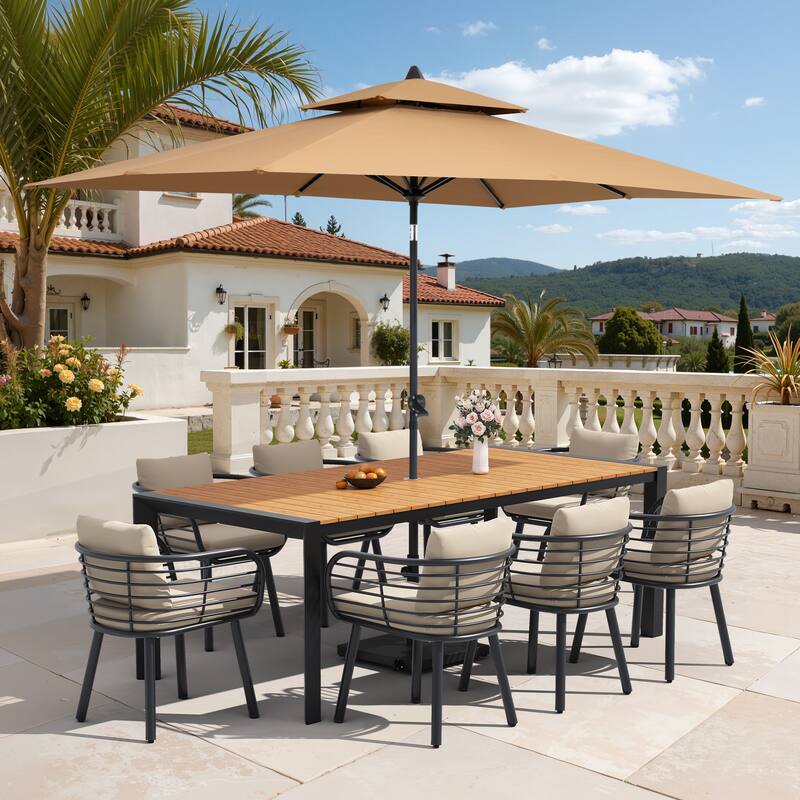 9/11-Piece Outdoor Dining Set w/10 ft Umbrella and Base Aluminum Dining Table and Chairs with Sunbrella Cushions - Set of 11 - Brown Table with Tan Umbrella
