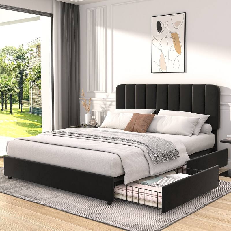 Javlergo Upholstered Platform Bed Frame with Storage Drawers and Adjustable Headboard, No Box Spring Needed - Black - Full