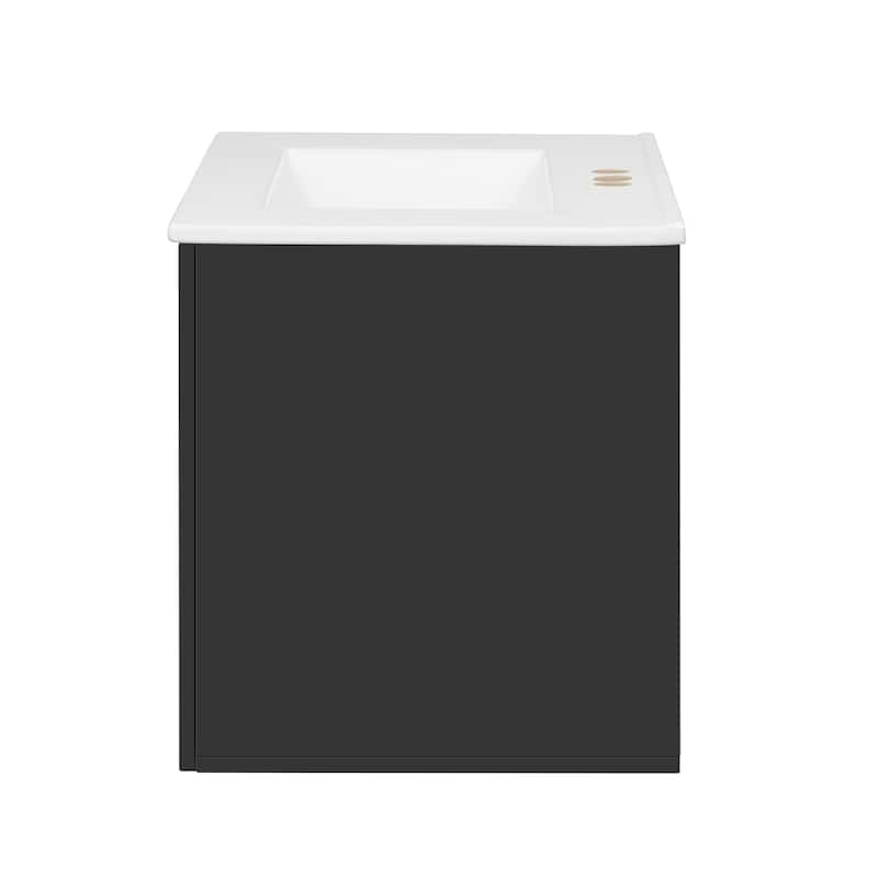 30" Wall-Mount Bathroom Vanity, Black Floating Bathroom Wall Cabinet with Ceramic Sink - 30 Inch