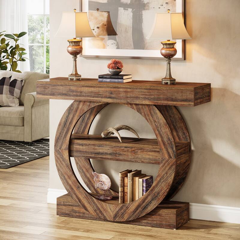 Industrial Brown 3-Tier Wood Console Table Sofa Tables for Entryway - Rustic Brown