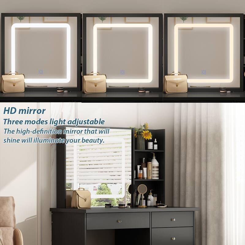 Kerrogee Makeup Vanity Set with Adjustable Lighted Mirror & Stool - 39.4"L x 19.7"W x 53.5"H