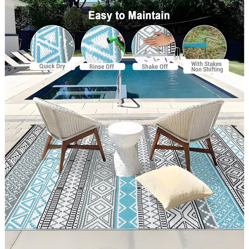 Outdoor Rug Waterproof Patio Rug Mat Geometric Rug Plastic Straw Outside Rug for RV Camping Picnic Reversible Rug