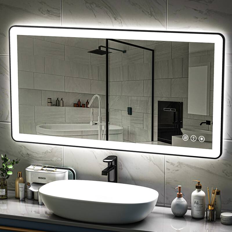 TOOLKISS Black Frame Anti-Fog Dimmable LED Light Vanity Bathroom Mirror with Backlit and Front Light